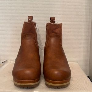 New Camel ankle boots with wool lining and wooden heel.